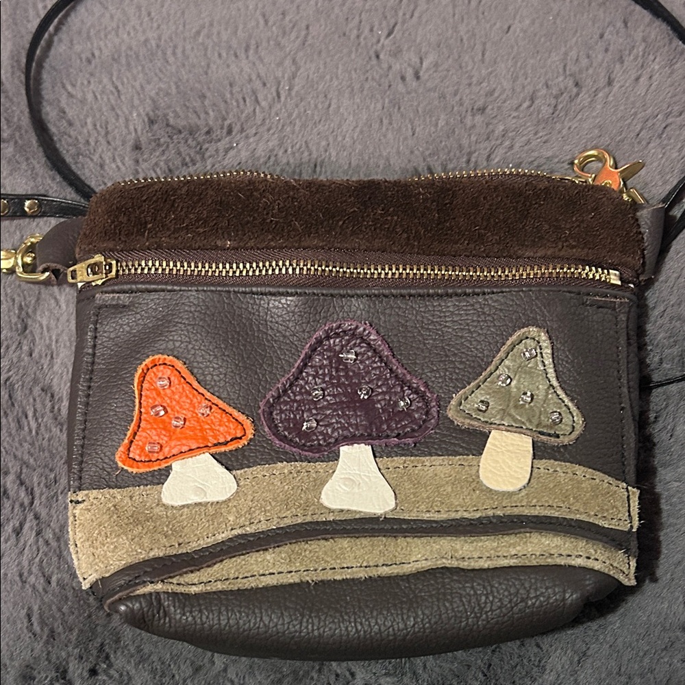 Brown Leather Crossbody Bag with Mushroom Design